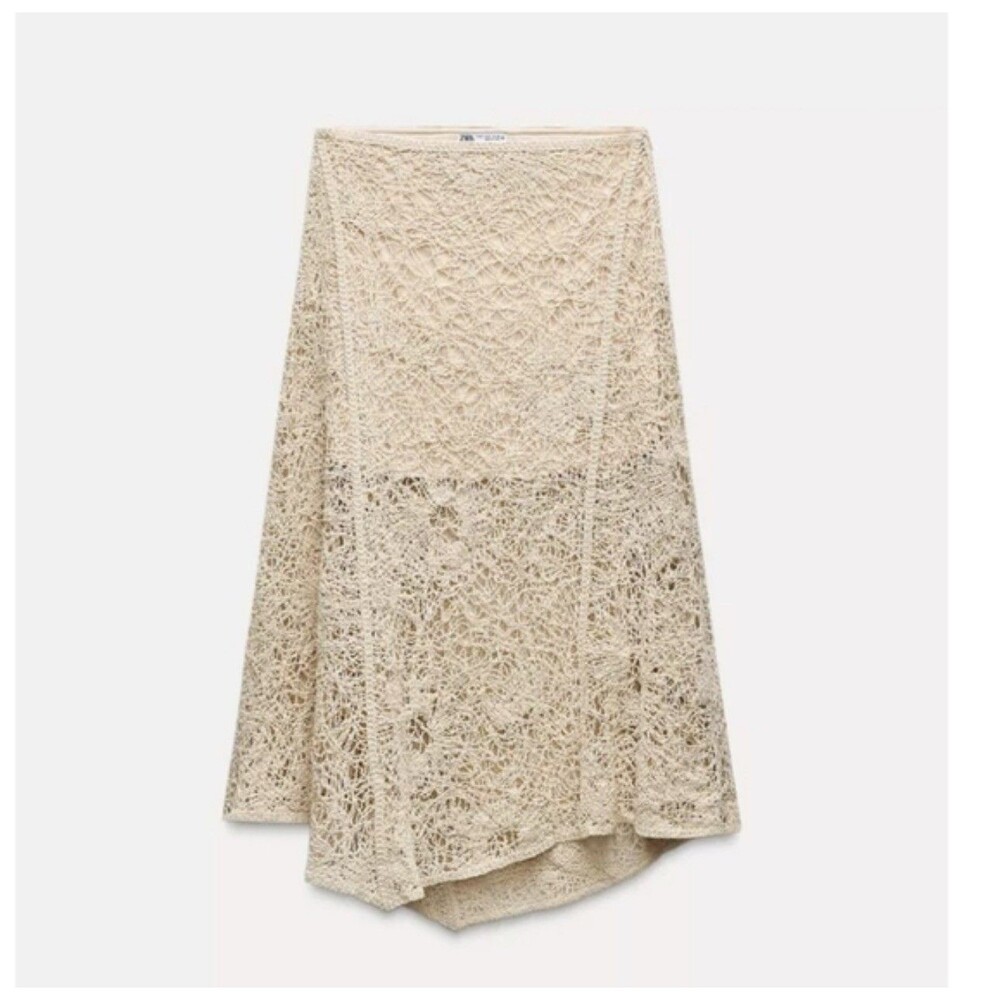 Zara Women's Ivory Crochet Asymmetrical Handkerchief Midi Skirt Medium